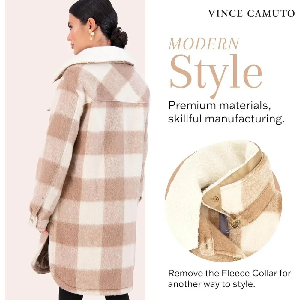 ✨Women Cream Fleece Collar Front Button Closures Shacket Long Plaid Coat Jacket - Picture 4 of 7